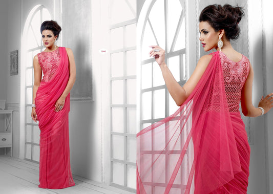 Designer Stitched Western Dress Pink Net Long Gown SC1045-Anvi Creations-Partywear Gown
