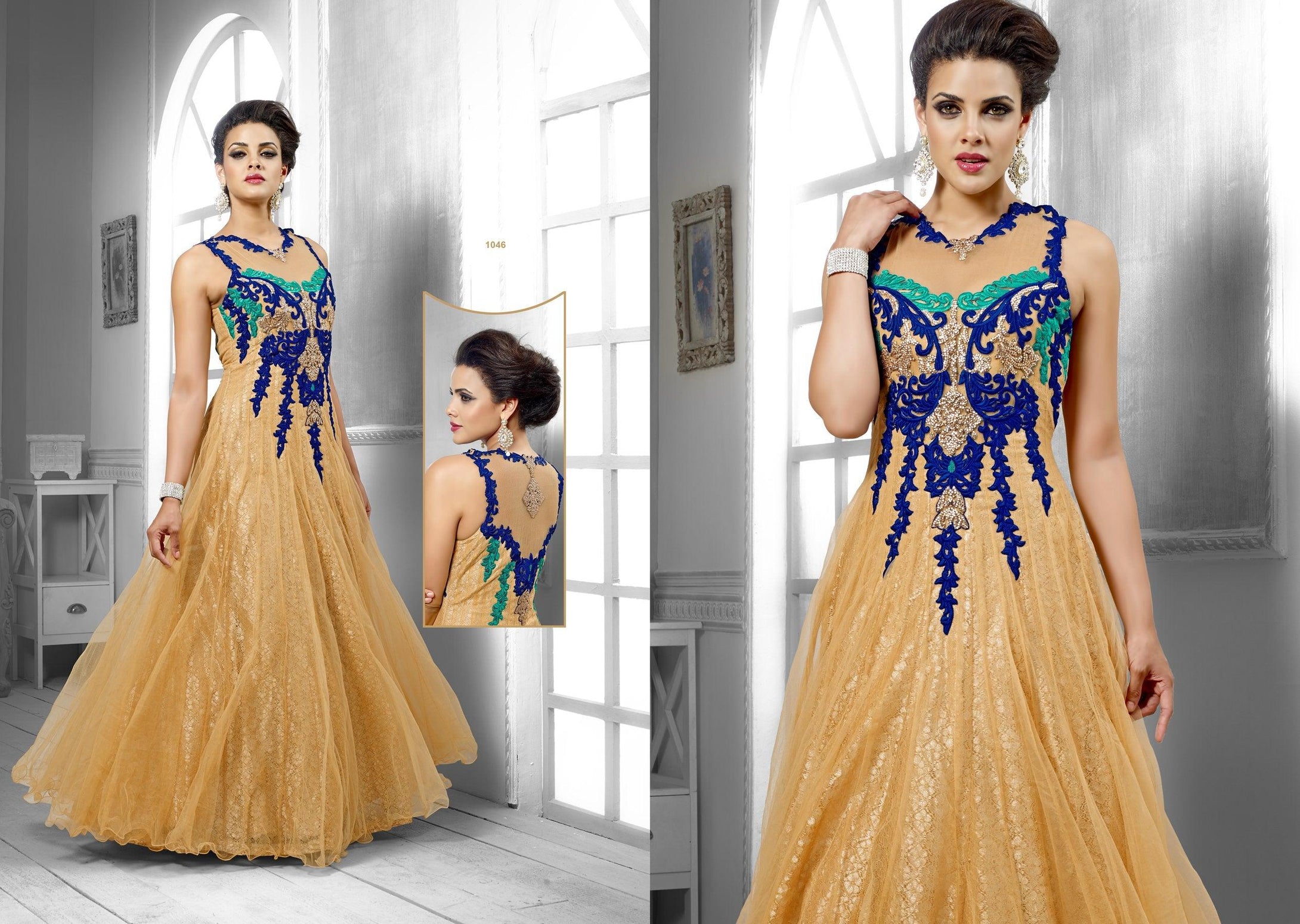 Designer Stitched Western Dress BeigeNet Long Gown SC1046 – Ethnic's By  Anvi Creations