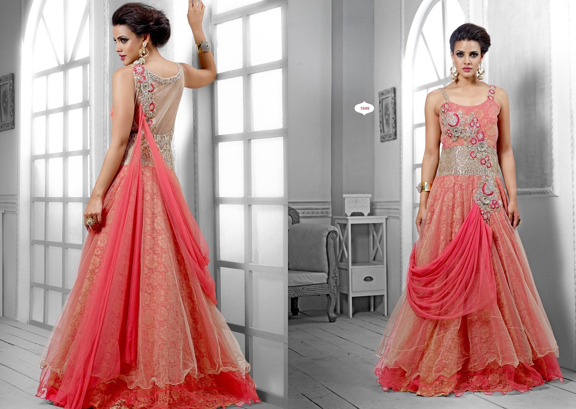 Designer Semi Stitched Western Dress Dusty Pink Net Long Gown SC1049-Anvi Creations-Partywear Gown
