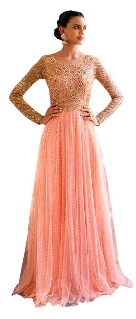 Designer Semi Stitched Peach Fusion Style Net Dress Material NAK11038-Anvi Creations-Salwar Kameez