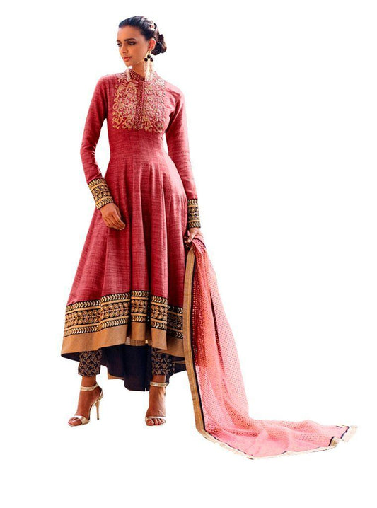 Designer Semi Stitched Reddish Fusion Style Cotton Silk Dress Material NAK11042-Anvi Creations-Salwar Kameez