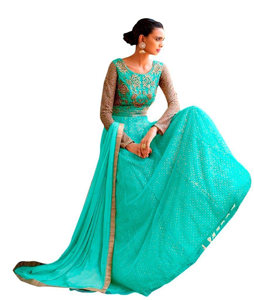 Designer Semi Stitched Sea Green Fusion Style Net Dress Material NAK11043-Anvi Creations-Salwar Kameez