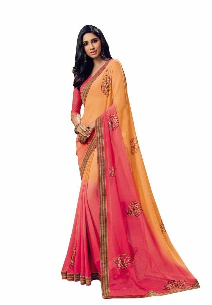 Orange Pink Georgette Lacer Border Saree SC1116-Anvi Creations-Designer Saree