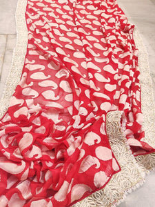 Designer Brasso Georgette Red Off white Border work Dupatta DUP01-Anvi Creations-Red Off white Dupatta,Work Dupatta