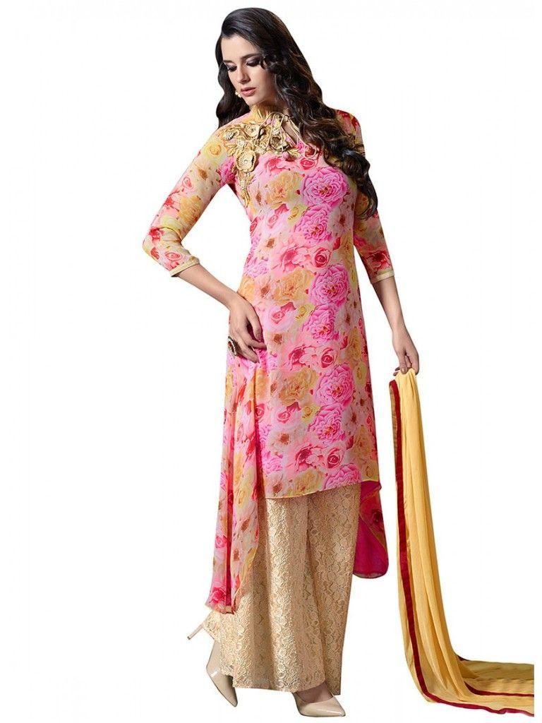 Pink Georgette Embroidered Dress Material With Chiffon Dupatta M1126-Anvi Creations-Salwar Kameez