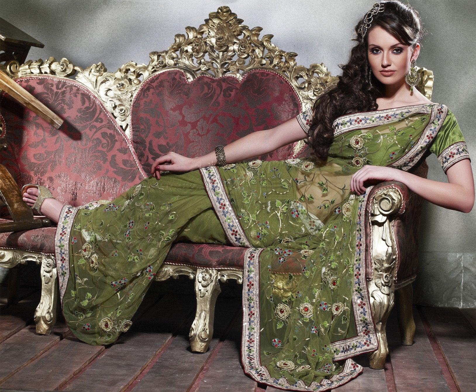 Designer Olive Green Net Embroidered saree SC132-Anvi Creations-Designer Saree