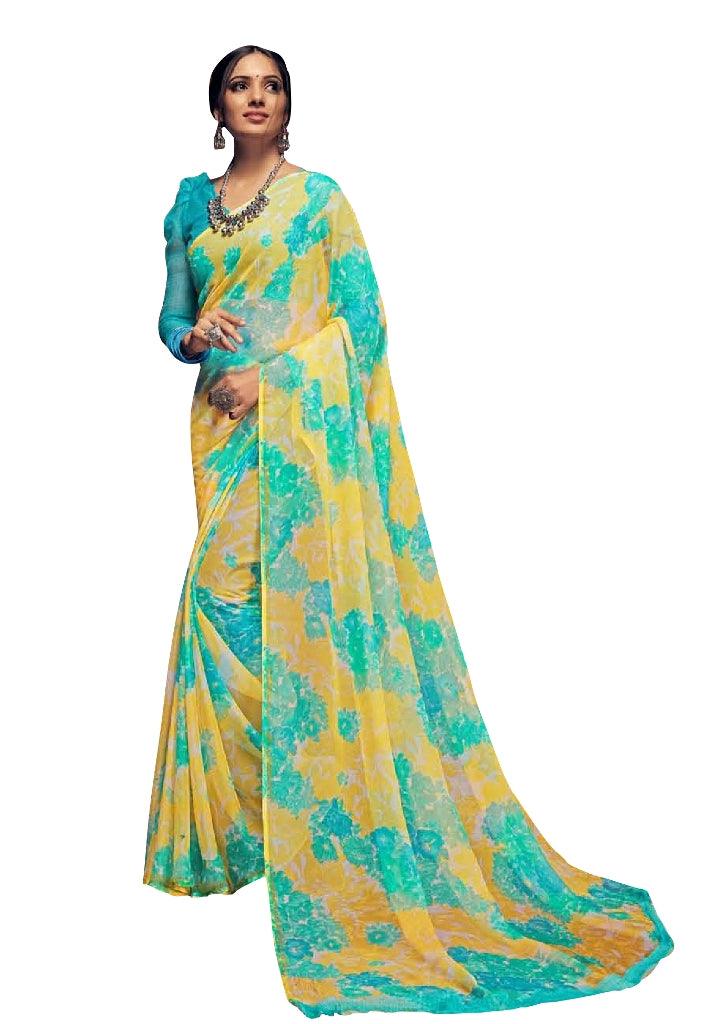 Designer Yellow Floral Printed Chiffon Saree S1790B-Anvi Creations-Chiffon Printed Saree