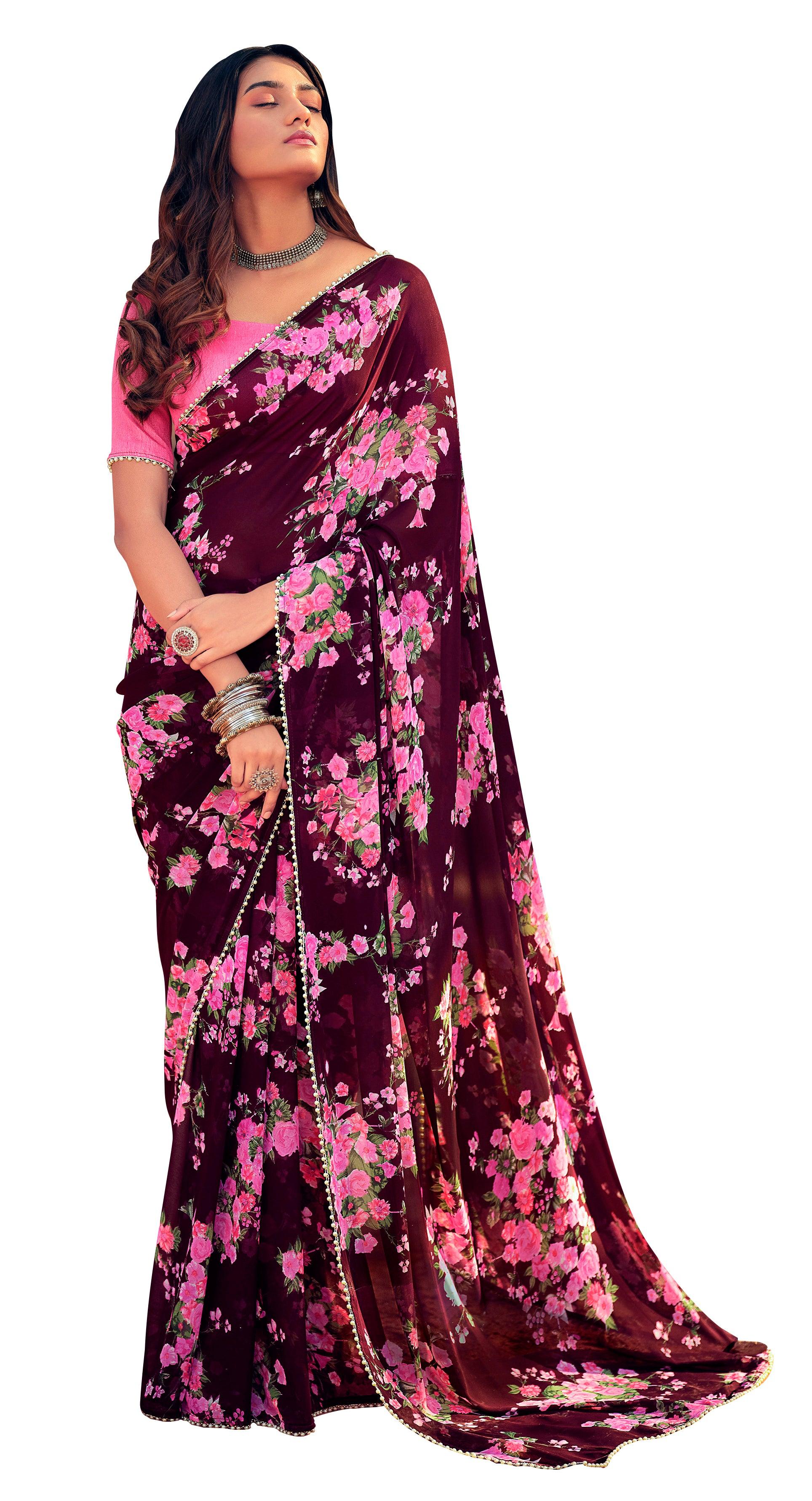 Wine Floral Printed Saree with Pearl Lace Work MN3806 - Ethnic's By Anvi Creations