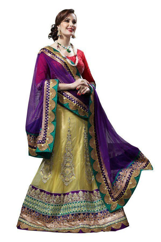 Purple Lemon Yellow  Net Lehenga Choli Dupatta Fabric Only LC180-Anvi Creations-Party Wear Lehenga Choli