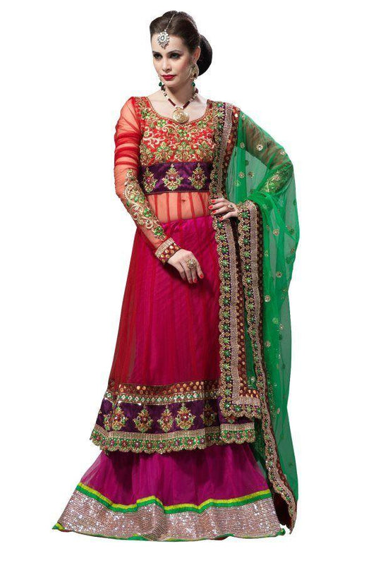 Orangish Red Purple Net Lehenga Choli Dupatta Fabric Only LC189-Anvi Creations-Party Wear Lehenga Choli