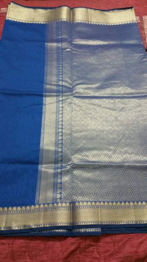 Blue Banarasi Cotton Silk Saree with Running Blouse Fabric BS18 - Ethnic's By Anvi Creations