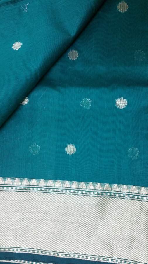 Turquoise Banarasi Cotton Silk Saree with Running Blouse Fabric BS20 - Ethnic's By Anvi Creations