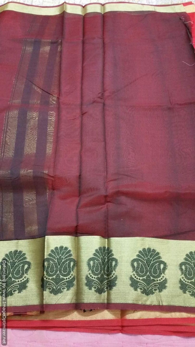 Red Banarasi Cotton Silk Saree with Running Blouse Fabric BS28 - Ethnic's By Anvi Creations