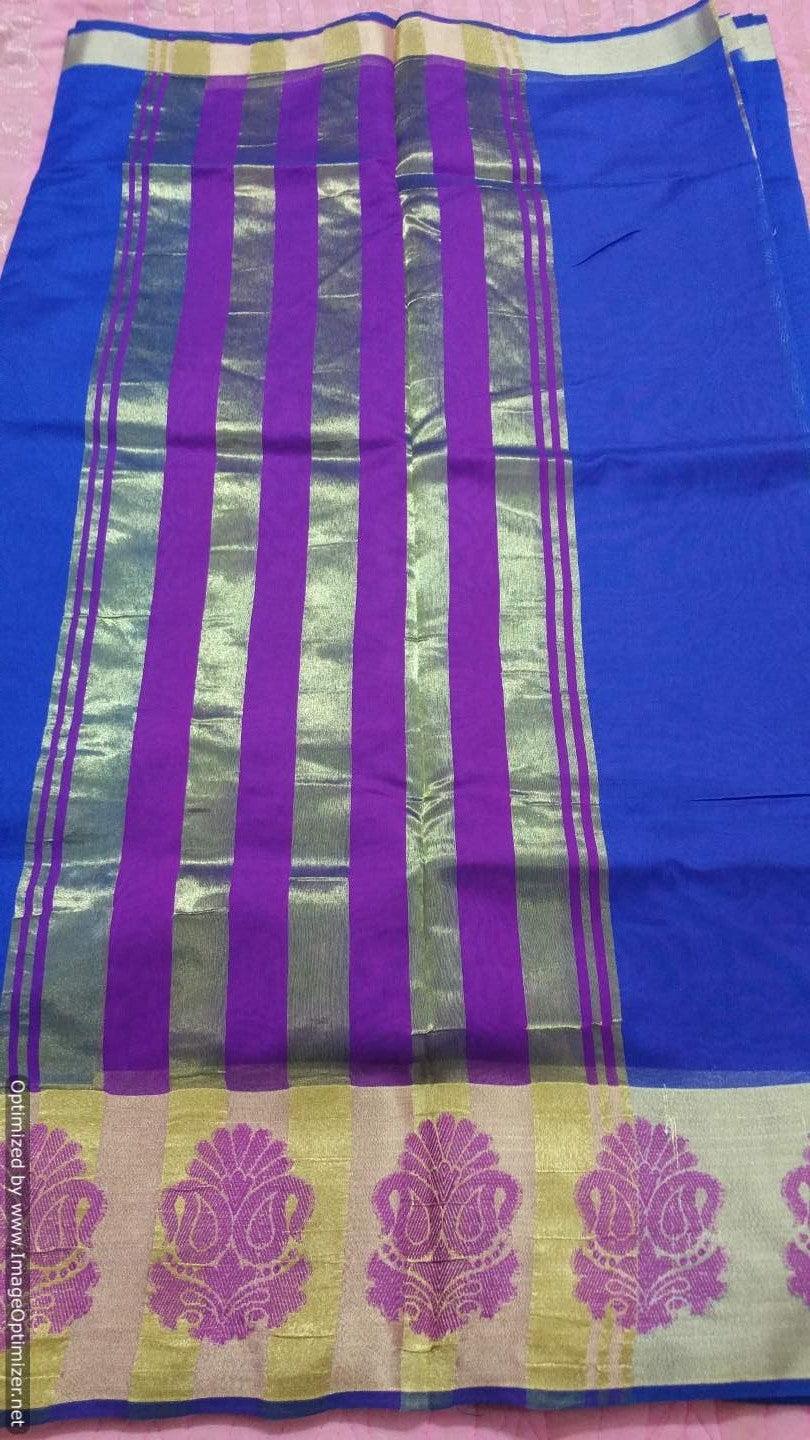 Blue Banarasi Cotton Silk Saree with Running Blouse Fabric BS26 - Ethnic's By Anvi Creations