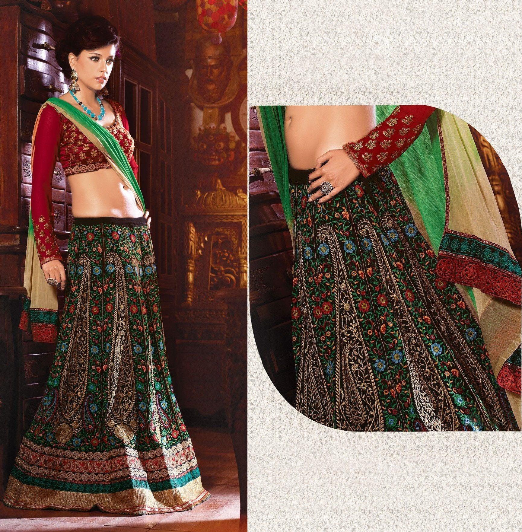 Black Multi Green Raw Silk Chiffon Embroidered Lehenga Style Saree SC2107-Anvi Creations-Lehenga Saree