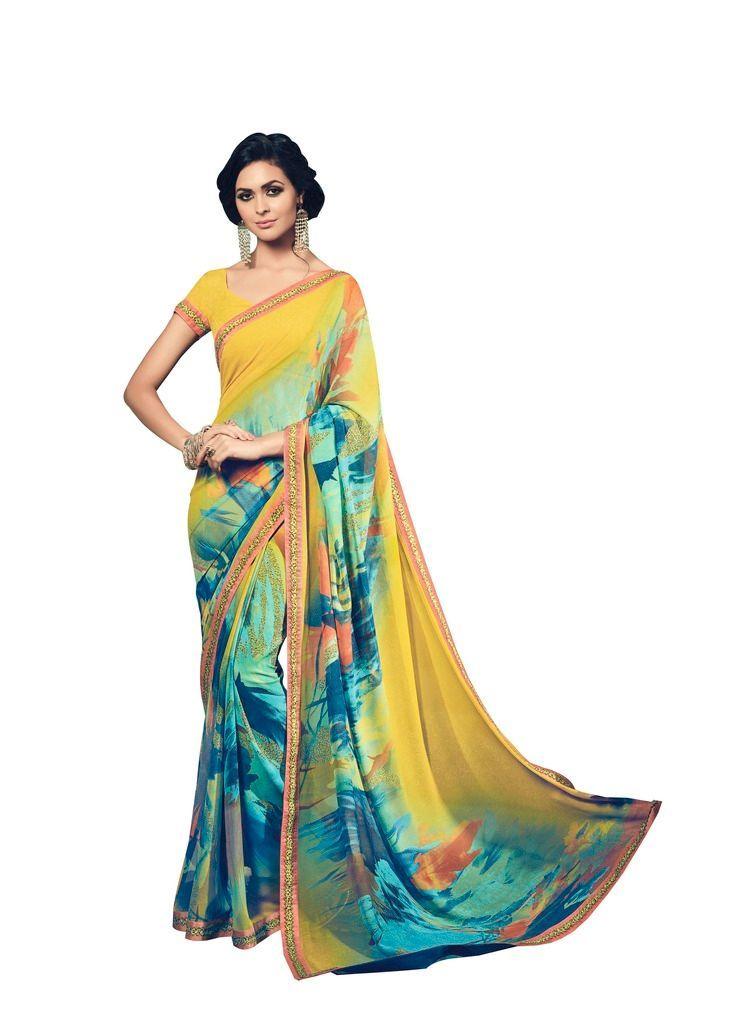 Turquoise Yellow Double Print Marble Georgette Saree with Lacer Border SC21210-Anvi Creations-Designer Saree
