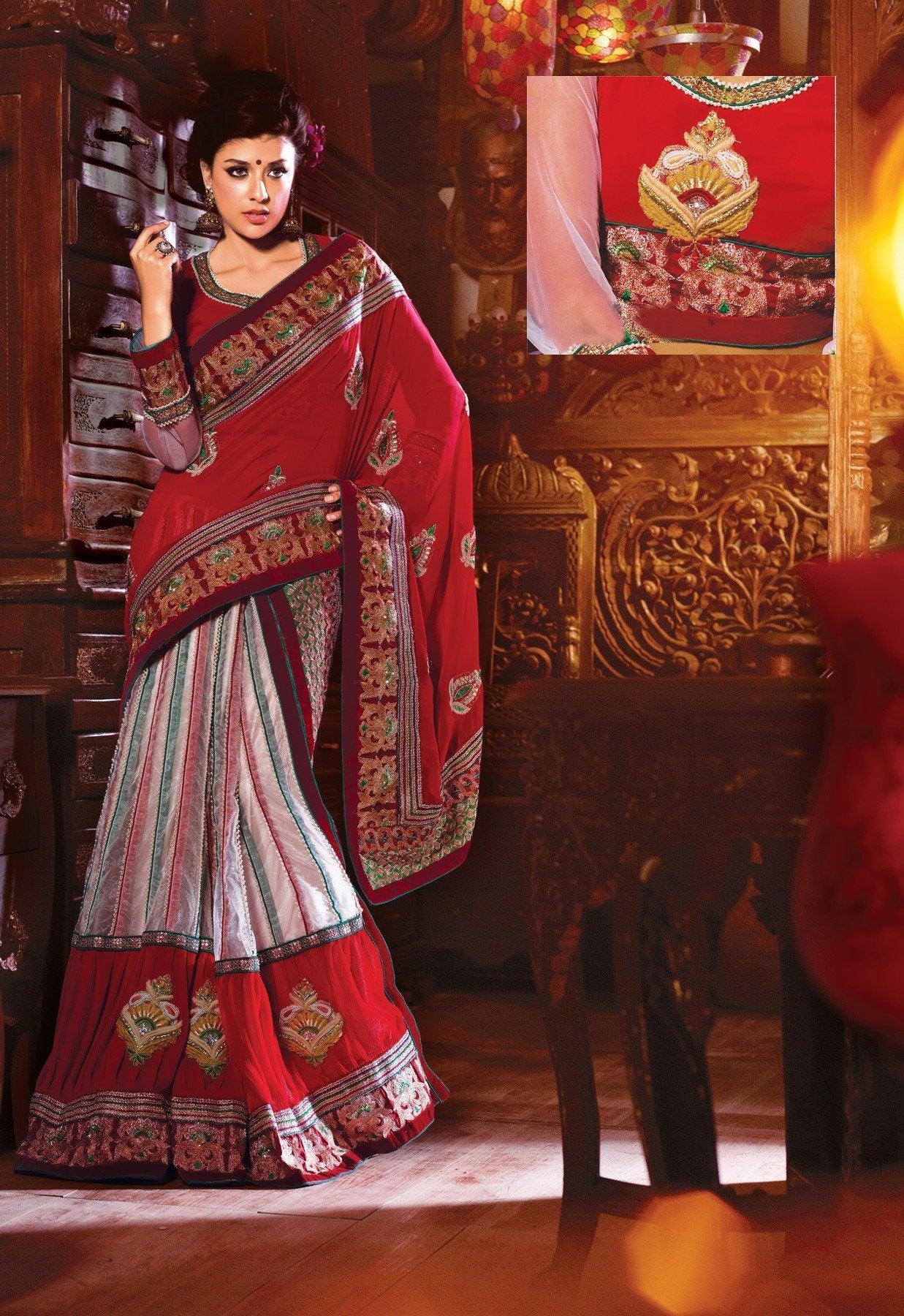 Red White Embroidered Georgette Net Lehenga Style Saree SC2122-Anvi Creations-Lehenga Saree