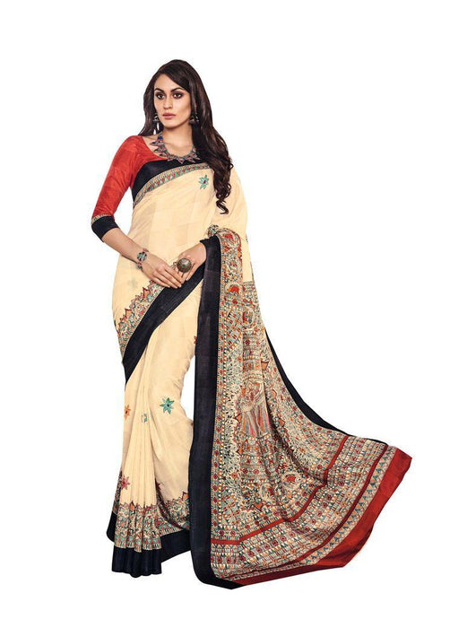 Beige Madhubani Printed Art Silk Saree SC21332-Anvi Creations-Designer Saree