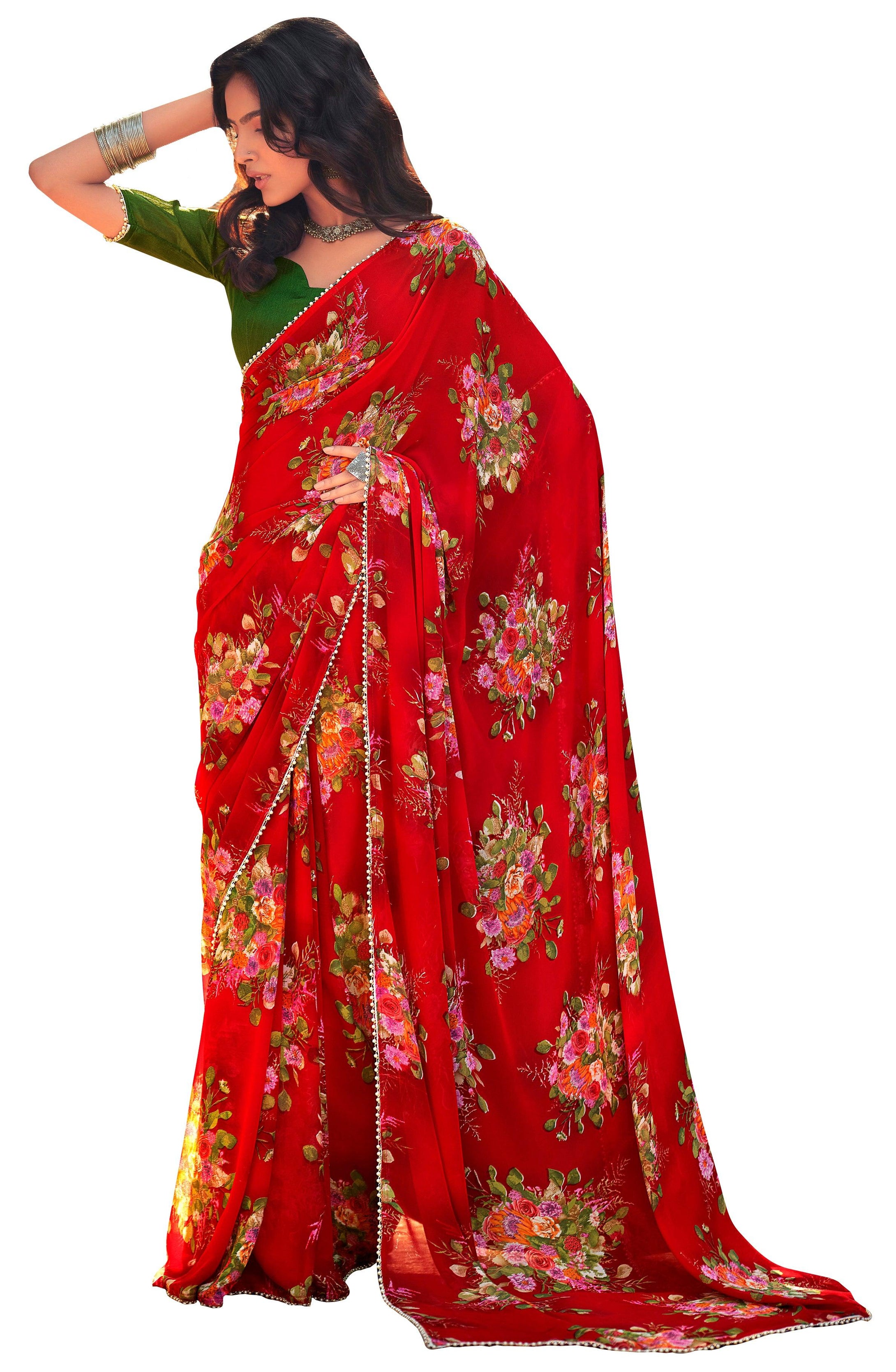 Red Floral Printed Saree with Pearl Lace Work MN3808 - Ethnic's By Anvi Creations