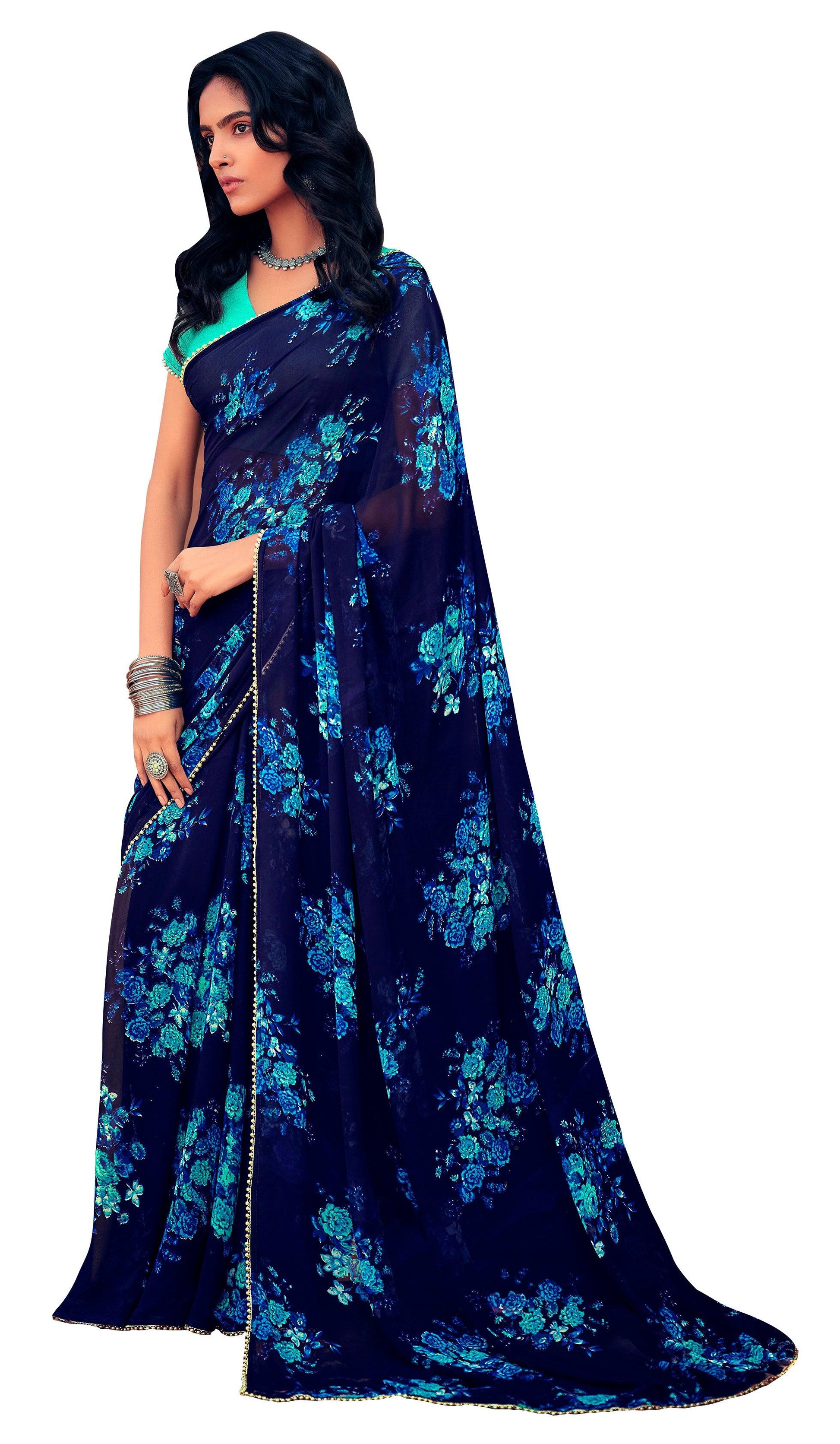 Blue Floral Printed Saree with Pearl Lace Work MN3810 - Ethnic's By Anvi Creations
