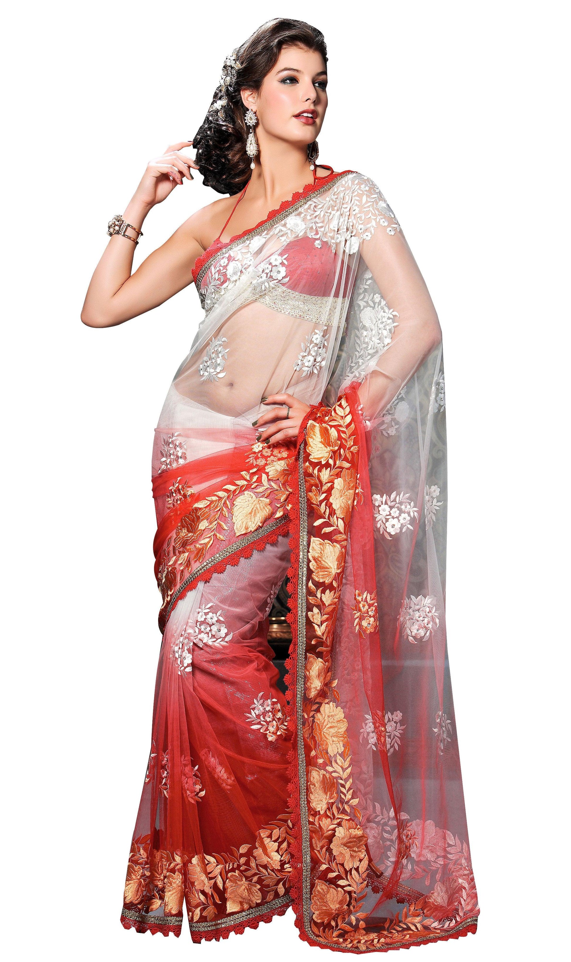 Designer Orange white Net embroidered Saree SC2415-Anvi Creations-Designer Saree