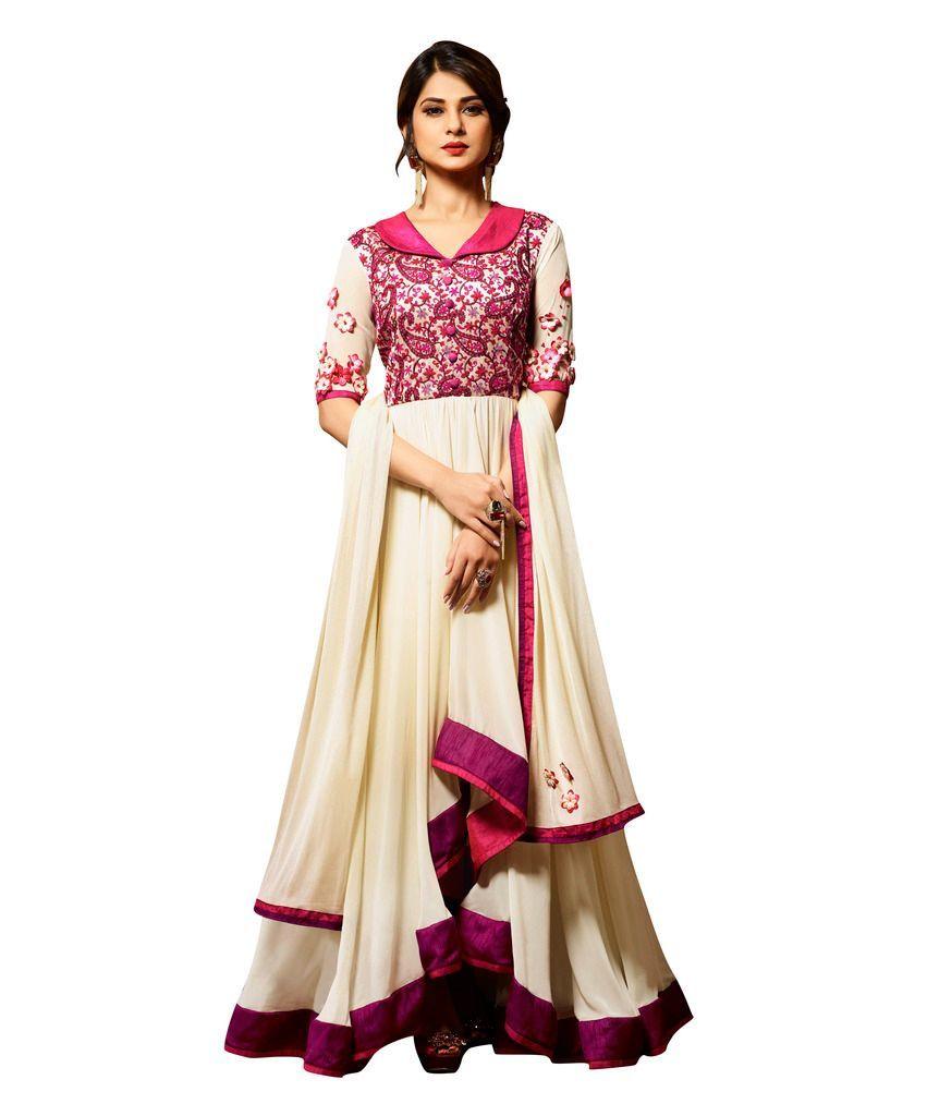 Designer Off White Pink Semi Stitched Banglore Silk Georgette Dress Material Janet24410-Anvi Creations-Salwar Kameez