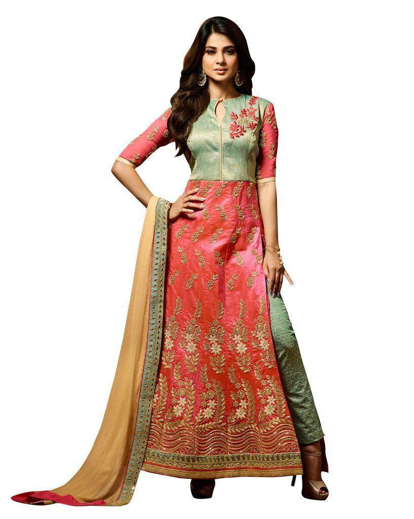 Designer Peach Green Semi Stitched Banglore Silk Dress Material Janet24413-Anvi Creations-Salwar Kameez