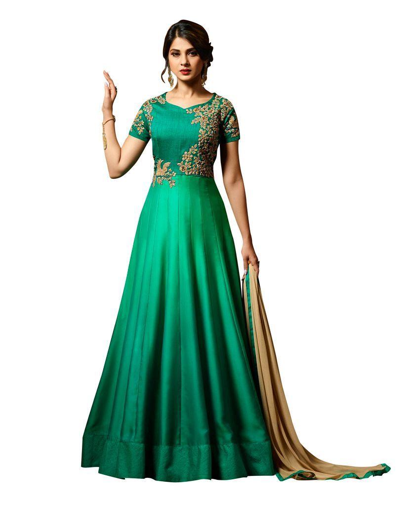 Designer Green Semi Stitched Satin Silk Dress Material Janet24414-Anvi Creations-Salwar Kameez