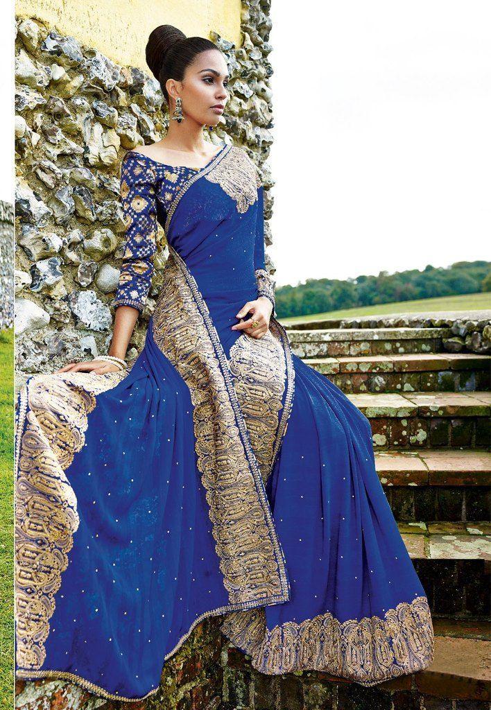 Designer Partywear Blue Embroidered Chiffon Saree SC2564-Anvi Creations-Designer Saree