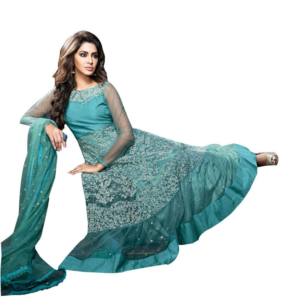 Designer Semi Stitched Blue Net Long Anarkali Dress Material SC2610-Anvi Creations-Salwar Kameez