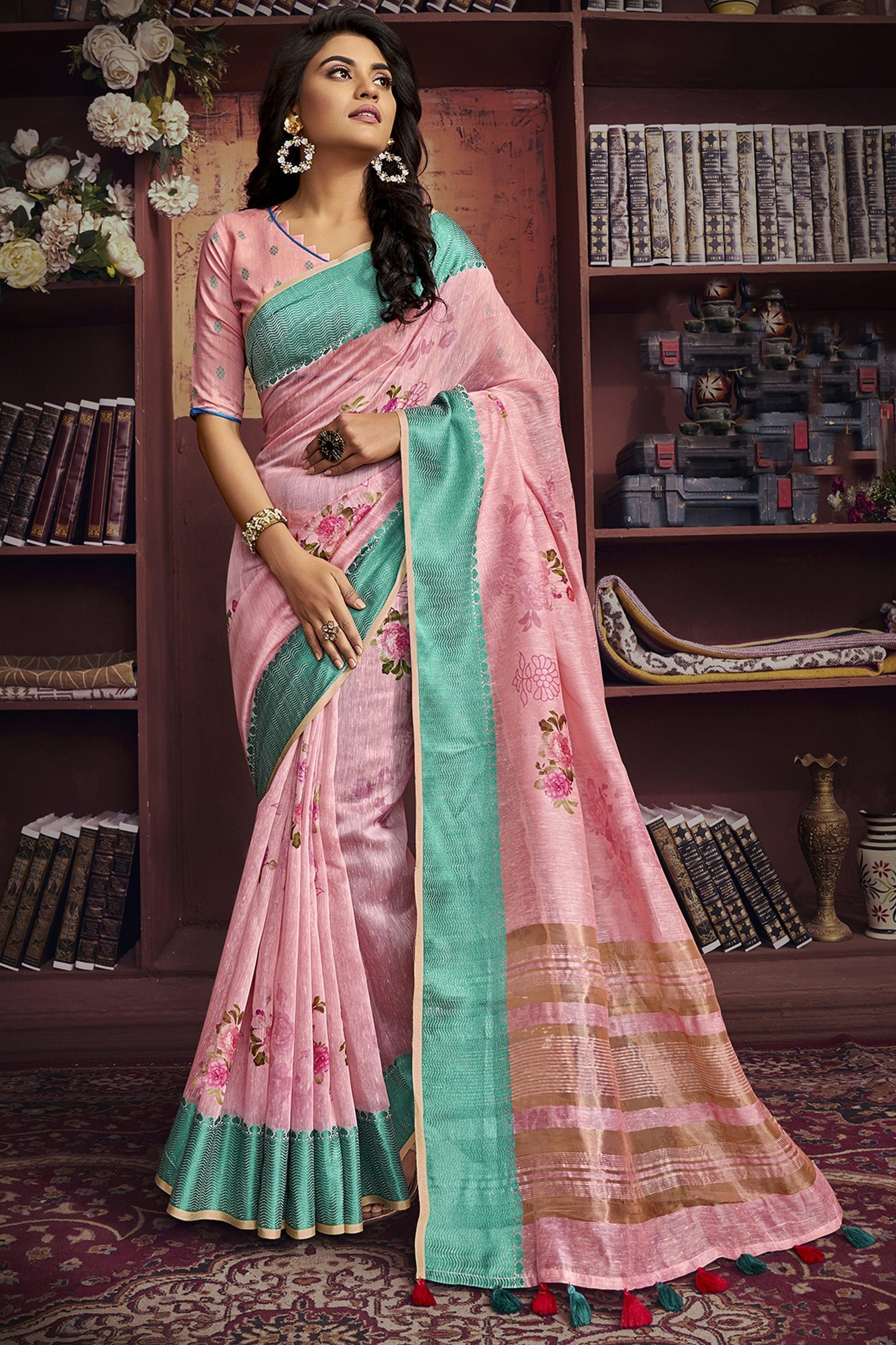 Designer Resham Border Pink Digital Printed Linen Saree PC165-Anvi Creations-Handloom saree,Linen Embroidered Saree