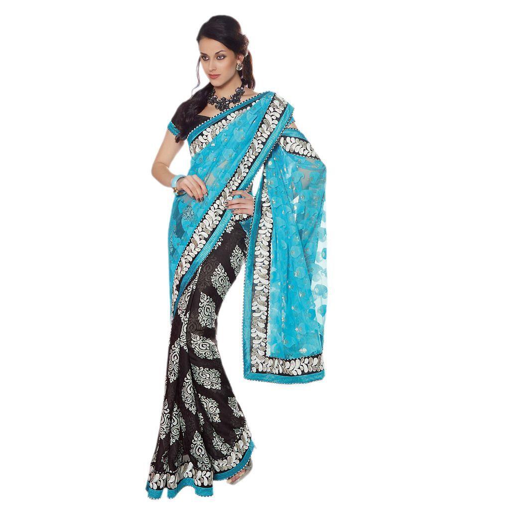 Blue and Black Net and Chiffon Jacquard saree SC30013B-Anvi Creations-Designer Saree