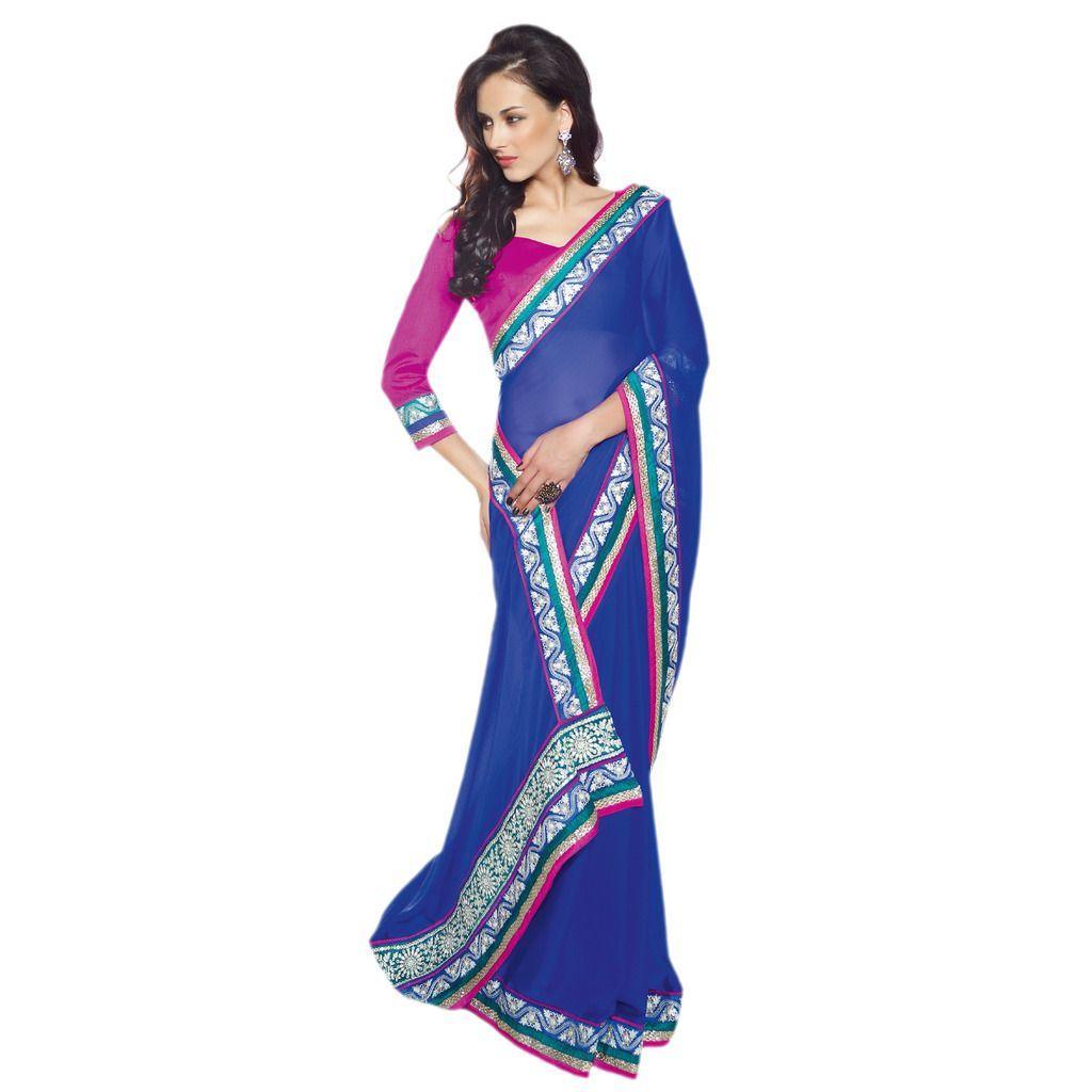Blue Embroidered chiffon saree SC30014A-Anvi Creations-Designer Saree