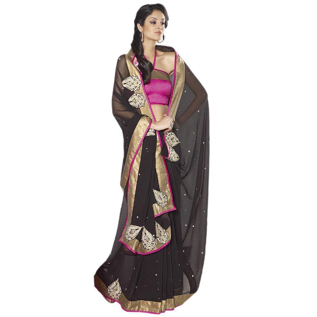 Black Embroidered chiffon saree SC30022B-Anvi Creations-Designer Saree