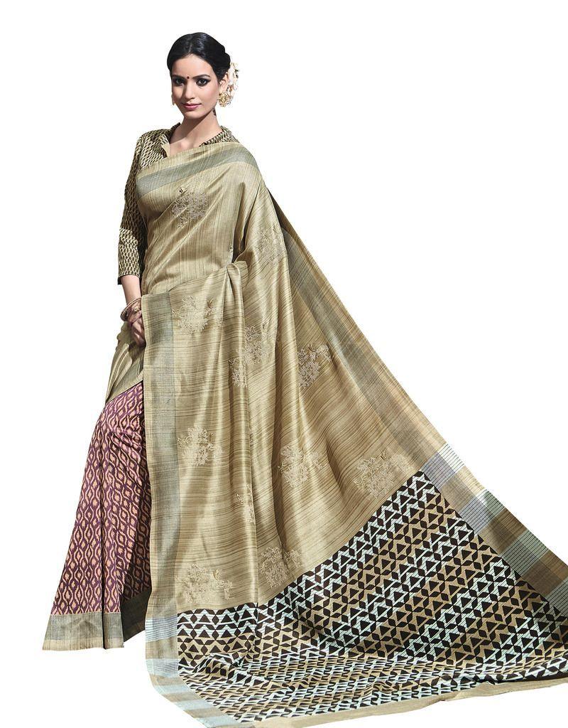 Beige Printed Soft Embroidered Thappa Silk Saree SC30244-Anvi Creations-Designer Saree