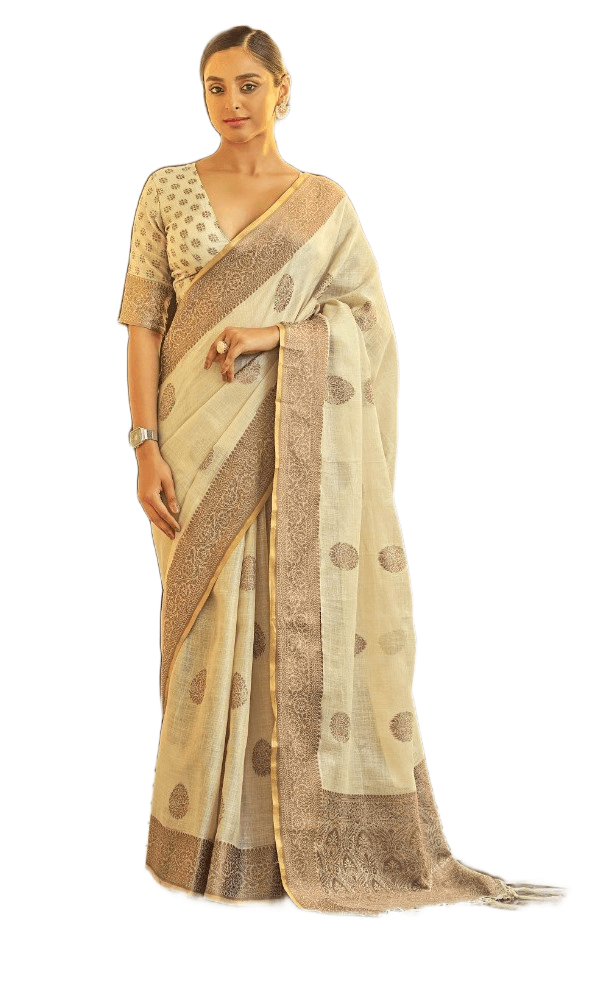 Cream Soft Linen with Tissue Silk Saree - Ethnic's By Anvi Creations