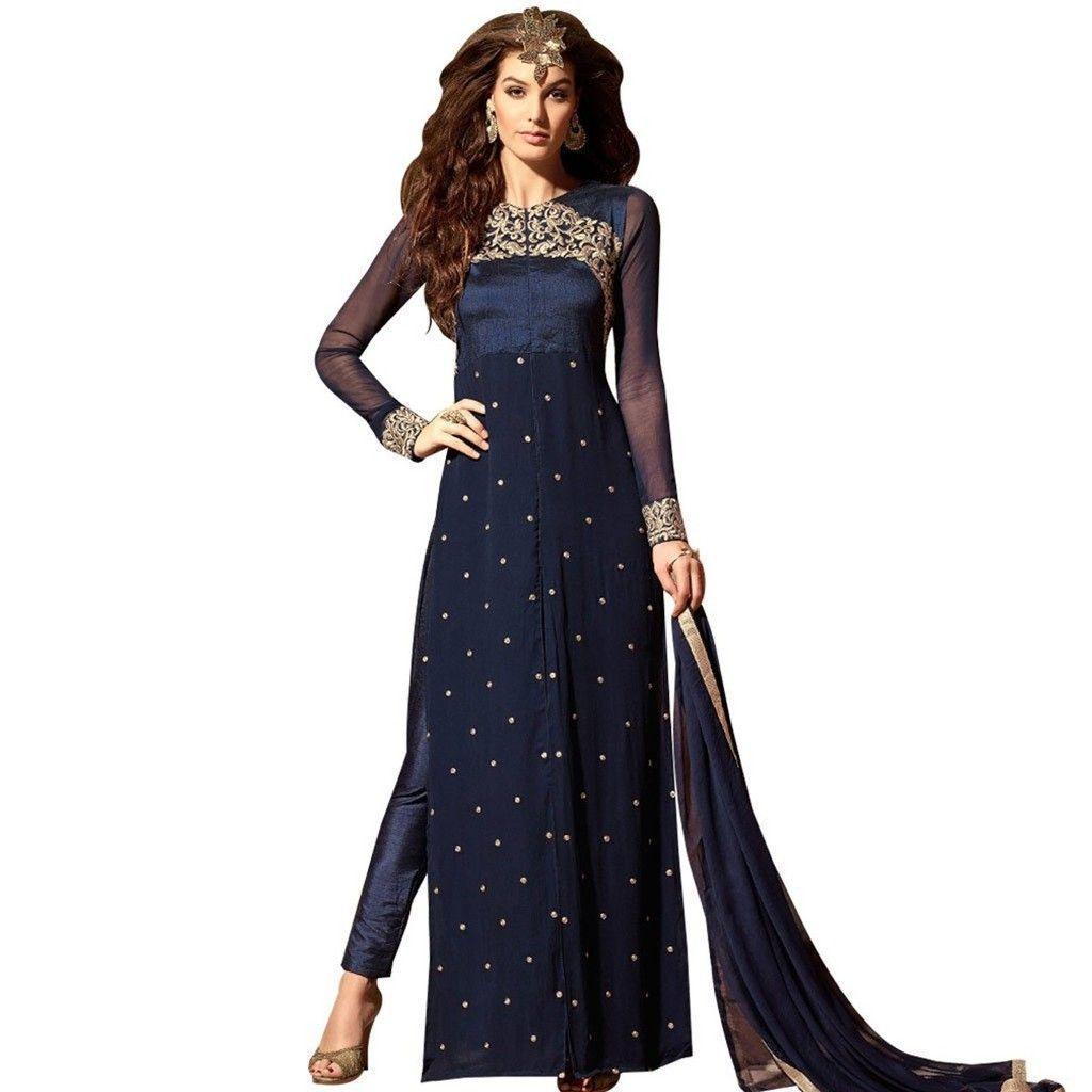 Dark Blue Embroidered Georgette Trouser Style Dress Material M3103-Anvi Creations-Salwar Kameez