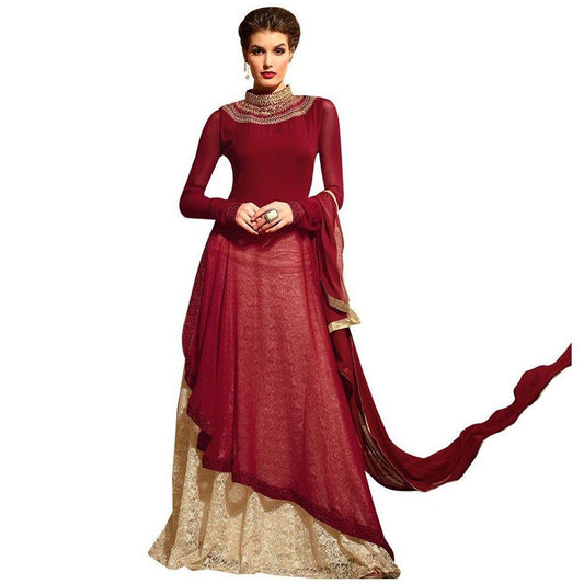 Maroon Cream Semi Stitched kurta and Lehenga Set Dress Material M3109-Anvi Creations-Salwar Kameez