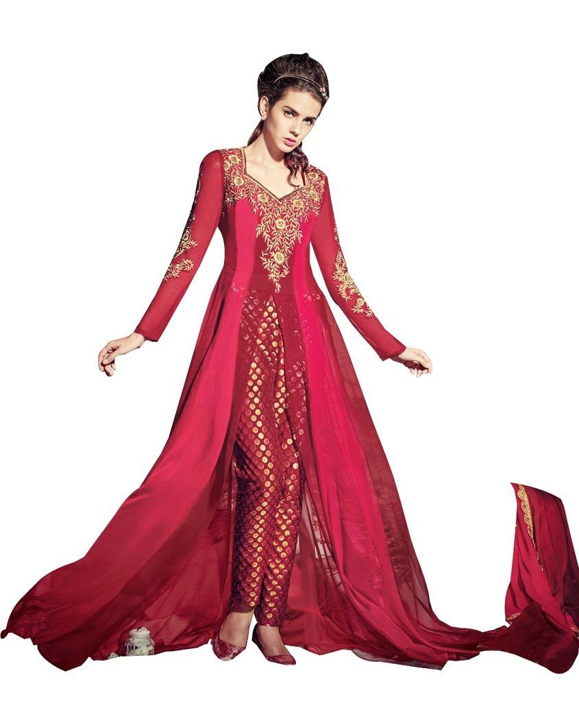 Red and Pink Chifffon Long Semi stitch Anarkali Partywear Dress material Rossa4006-Anvi Creations-Salwar Kameez