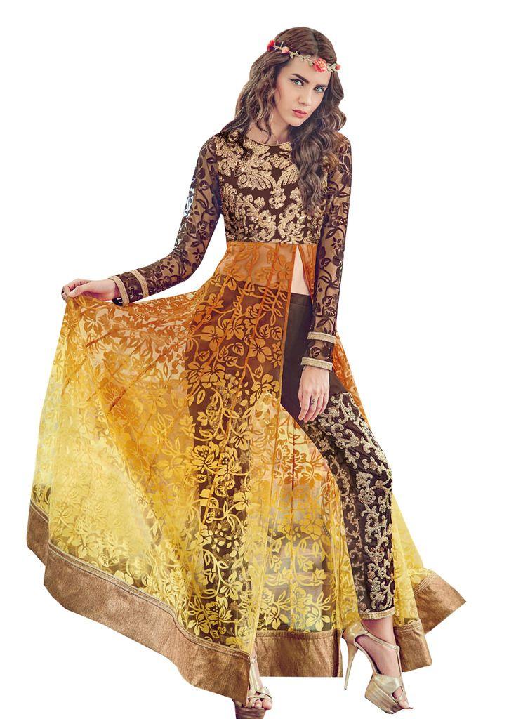 Yellow and Brown Brasso Long semi stitch Anarkali Partywear Dress material Rossa4011-Anvi Creations-Salwar Kameez
