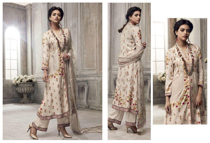 Designer Beige Printed Heavy Pashmina Trouser Salwar kameez Material GAN34-Anvi Creations-Pashmina Dress Material