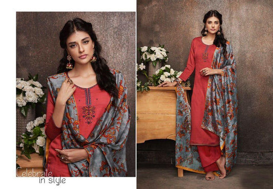 Designer Red Pashmina Winter Dress Material with Printed Chanderi Dupatta GAN52-Anvi Creations-Pashmina Dress Material
