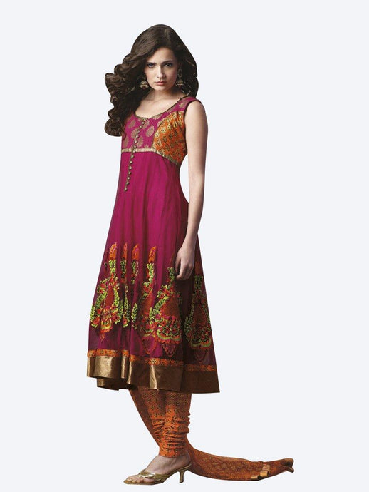 Fuchsia Embroidered Net,Jecquard Cotton Stitched  Salwar kameez Churidar SC619-Anvi Creations-Ready to Wear Suits