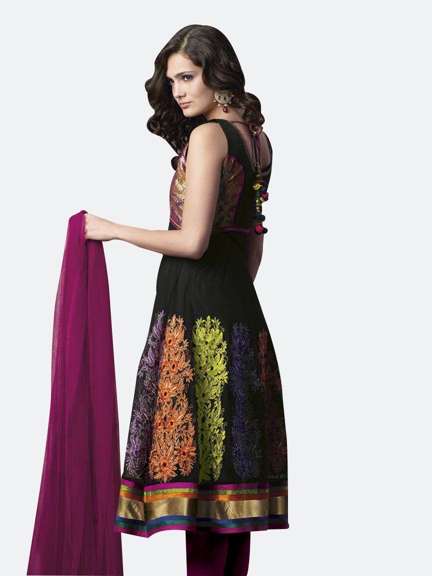Black Embroidered Net Crepe Stitched  Salwar kameez Churidar SC626-Anvi Creations-Ready to Wear Suits