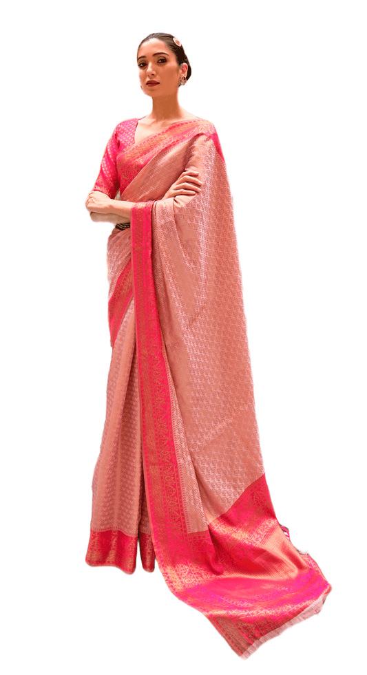 Rose Pink Zari Silk Saree with Brocade Blouse fabric - Ethnic's By Anvi Creations