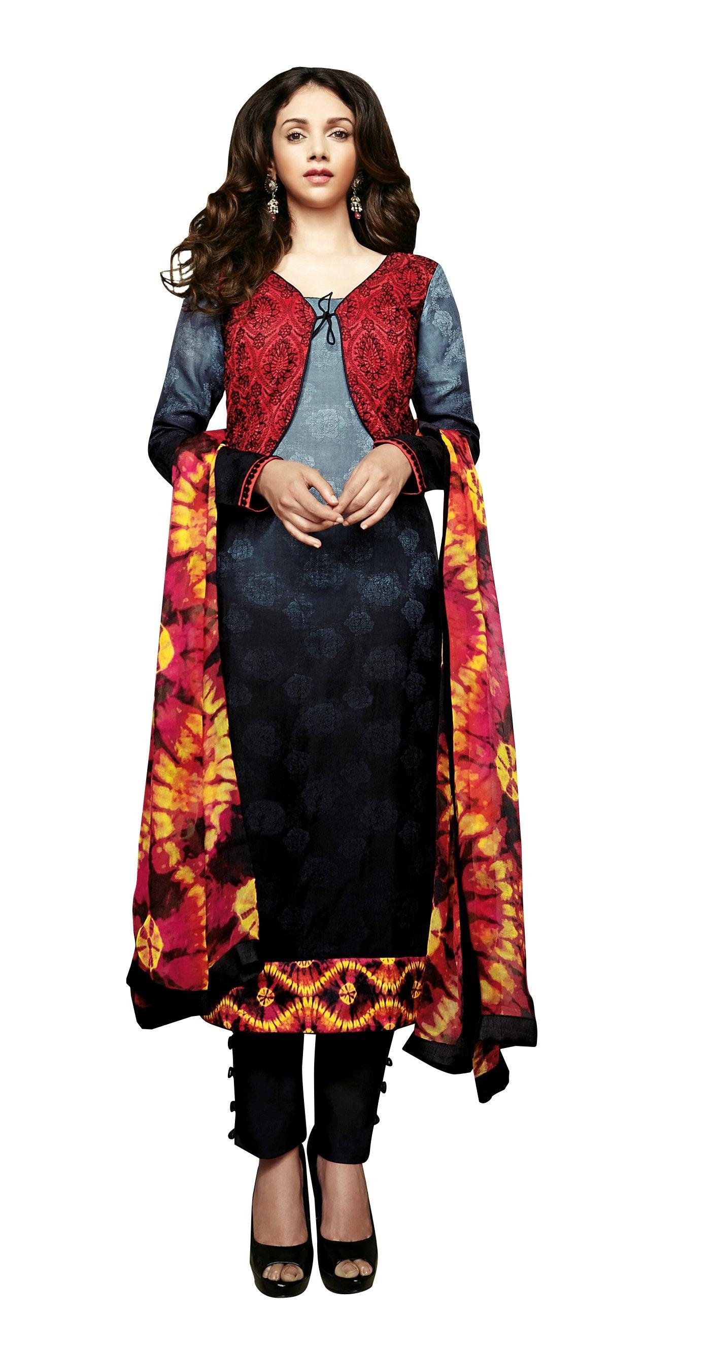 Aditi Rao Cotton Jequard Grey Black Embroidered Dress Material SC9049-Anvi Creations-Salwar Kameez
