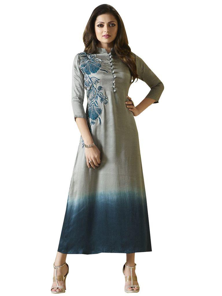 Designer Gray Blue Vicose satin Kurti Kurta Dress Size XL SCLT905-Ethnic's By Anvi Creations-Designer Kurti
