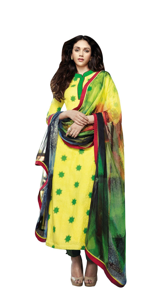 Aditi Rao Cotton Jequard Yellow Green Embroidered Dress Material SC9059-Anvi Creations-Salwar Kameez