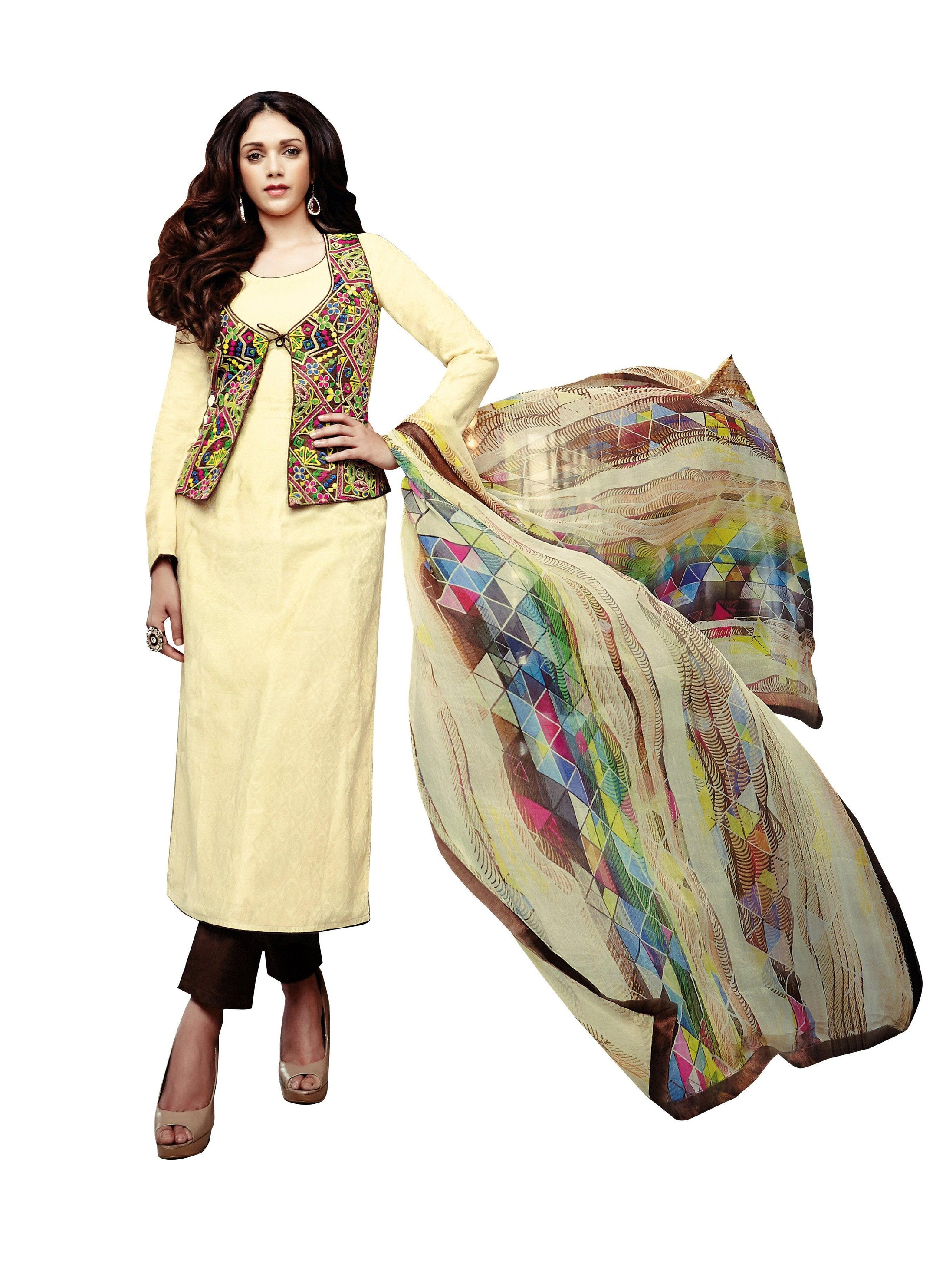 Cotton Jequard Cream Brown Embroidered Dress Material SC9060-Anvi Creations-Salwar Kameez