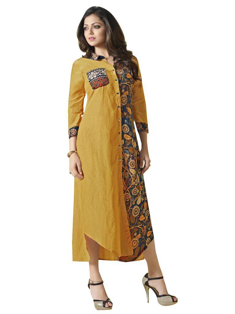Designer yellow Vicose Satin+Digital Print Kurti Kurta Dress Size XL SCLT907-Ethnic's By Anvi Creations-Designer Kurti